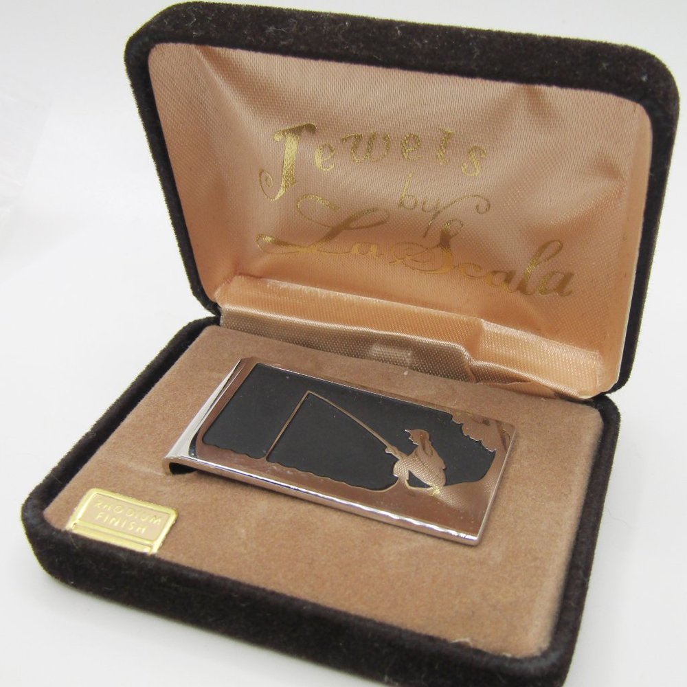 Vintage Money Clip Fishing Hunting Silver Black Inlaid Rhodium Plated in Box